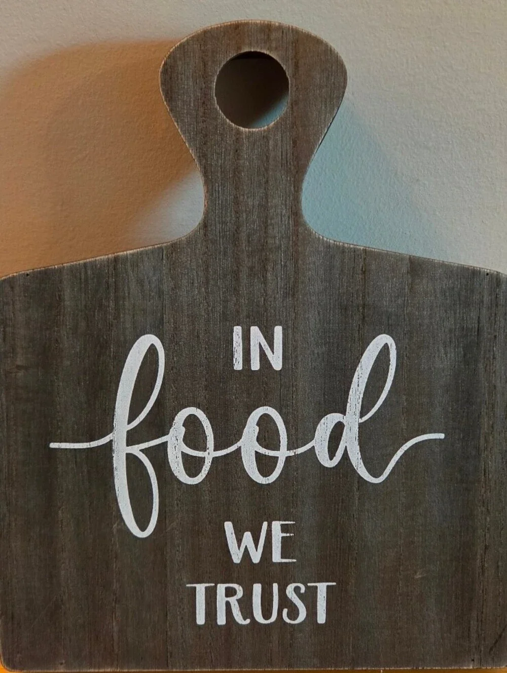Farmhouse Cutting Board with 'In Food We Trust' Print